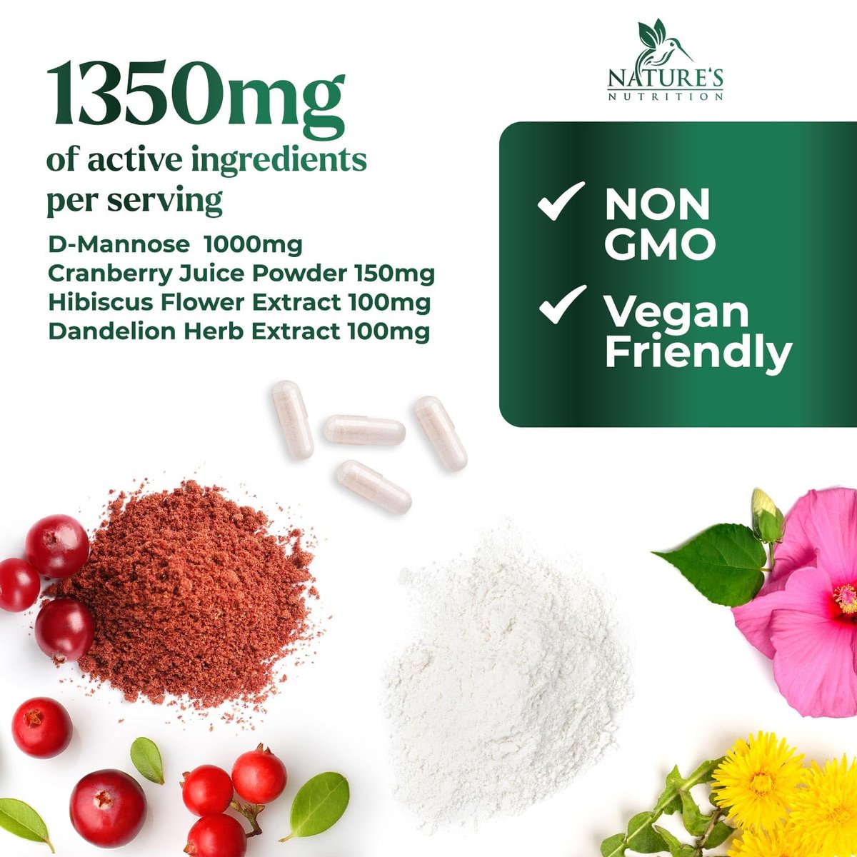 D-Mannose 1000mg pro Portion – Cranberry & Hibiscus – Effektiv schnell wirkend, Spülen Sie die Unreinheiten aus – Unterstützung für Blasen- und Harnwegsgesundheit – für Frauen und Männer – in den USA abgefüllt – 60 Kapseln