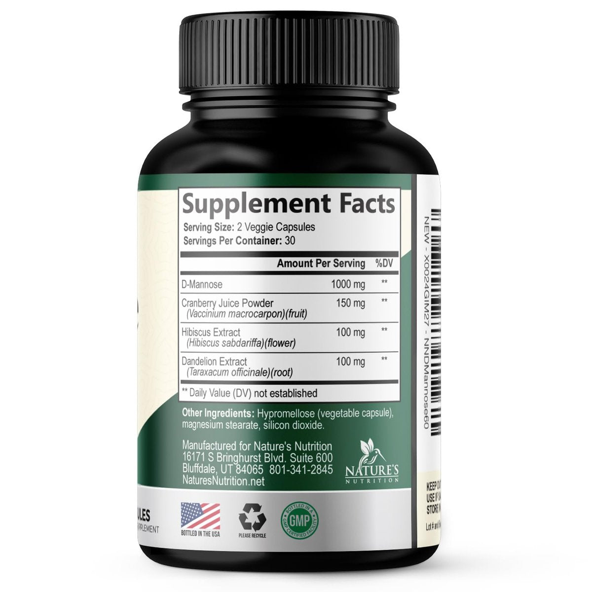 D-Mannose 1000mg pro Portion – Cranberry & Hibiscus – Effektiv schnell wirkend, Spülen Sie die Unreinheiten aus – Unterstützung für Blasen- und Harnwegsgesundheit – für Frauen und Männer – in den USA abgefüllt – 60 Kapseln