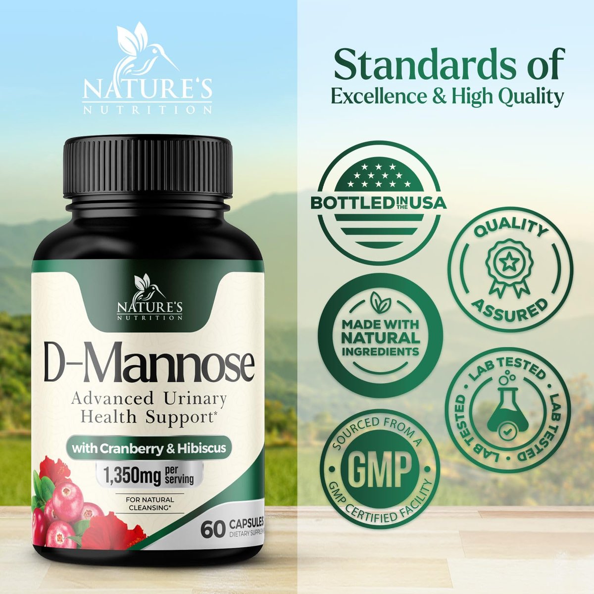 D-Mannose 1000mg pro Portion – Cranberry & Hibiscus – Effektiv schnell wirkend, Spülen Sie die Unreinheiten aus – Unterstützung für Blasen- und Harnwegsgesundheit – für Frauen und Männer – in den USA abgefüllt – 60 Kapseln