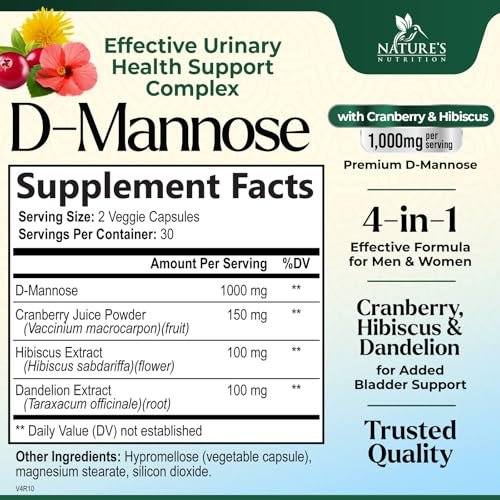 D-Mannose 1000mg pro Portion – Cranberry & Hibiscus – Effektiv schnell wirkend, Spülen Sie die Unreinheiten aus – Unterstützung für Blasen- und Harnwegsgesundheit – für Frauen und Männer – in den USA abgefüllt – 60 Kapseln