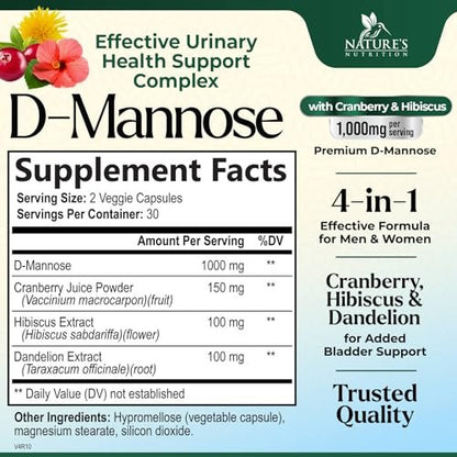 D-Mannose 1000mg pro Portion – Cranberry & Hibiscus – Effektiv schnell wirkend, Spülen Sie die Unreinheiten aus – Unterstützung für Blasen- und Harnwegsgesundheit – für Frauen und Männer – in den USA abgefüllt – 60 Kapseln