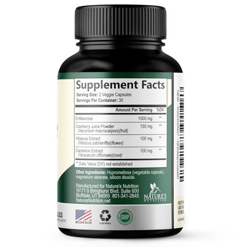 D-Mannose 1000mg pro Portion – Cranberry & Hibiscus – Effektiv schnell wirkend, Spülen Sie die Unreinheiten aus – Unterstützung für Blasen- und Harnwegsgesundheit – für Frauen und Männer – in den USA abgefüllt – 60 Kapseln