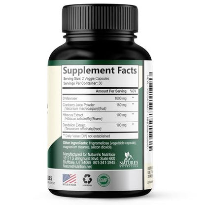 D-Mannose 1000mg pro Portion – Cranberry & Hibiscus – Effektiv schnell wirkend, Spülen Sie die Unreinheiten aus – Unterstützung für Blasen- und Harnwegsgesundheit – für Frauen und Männer – in den USA abgefüllt – 60 Kapseln