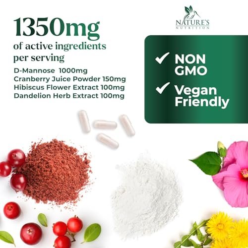 D-Mannose 1000mg pro Portion – Cranberry & Hibiscus – Effektiv schnell wirkend, Spülen Sie die Unreinheiten aus – Unterstützung für Blasen- und Harnwegsgesundheit – für Frauen und Männer – in den USA abgefüllt – 60 Kapseln