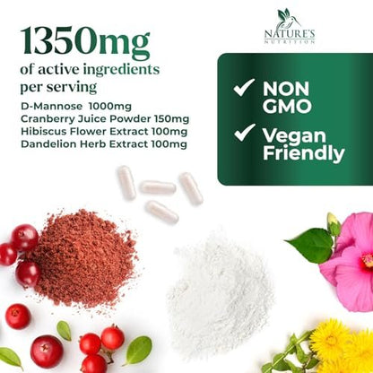 D-Mannose 1000mg pro Portion – Cranberry & Hibiscus – Effektiv schnell wirkend, Spülen Sie die Unreinheiten aus – Unterstützung für Blasen- und Harnwegsgesundheit – für Frauen und Männer – in den USA abgefüllt – 60 Kapseln