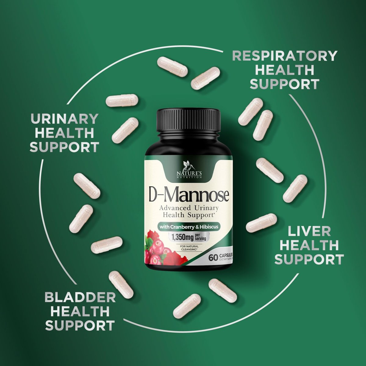 D-Mannose 1000mg pro Portion – Cranberry & Hibiscus – Effektiv schnell wirkend, Spülen Sie die Unreinheiten aus – Unterstützung für Blasen- und Harnwegsgesundheit – für Frauen und Männer – in den USA abgefüllt – 60 Kapseln