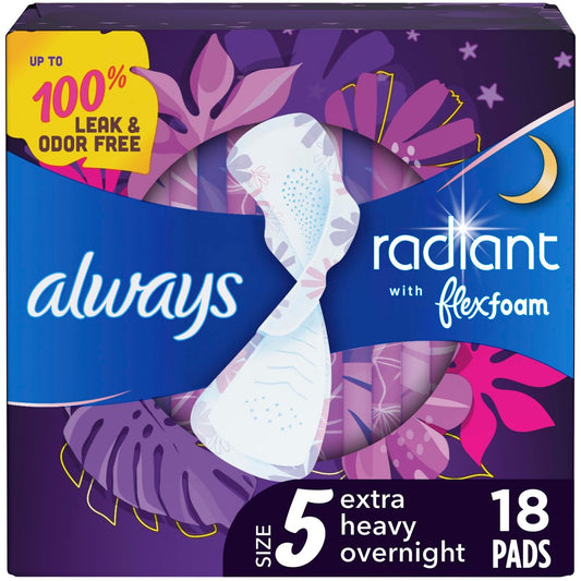 Always Radiant Flexfoam Damenbinden für Frauen, Größe 5, Extra Stark für die Nacht, mit Flügeln, beduftet, 18 Stück
