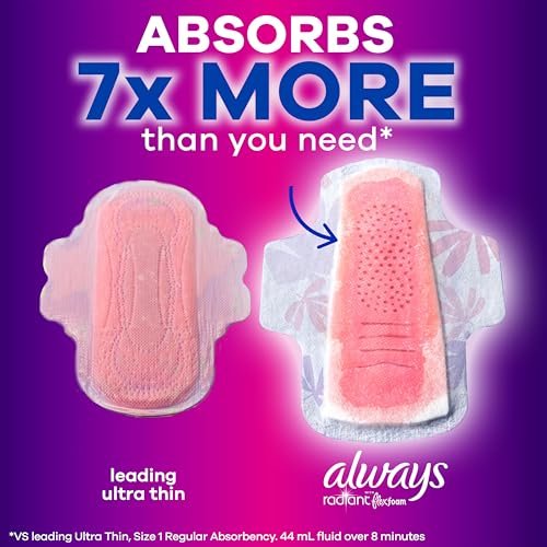 Always Radiant Flexfoam Damenbinden für Frauen, Größe 5, Extra Stark für die Nacht, mit Flügeln, beduftet, 18 Stück