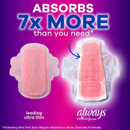 Always Radiant Flexfoam Damenbinden für Frauen, Größe 5, Extra Stark für die Nacht, mit Flügeln, beduftet, 18 Stück