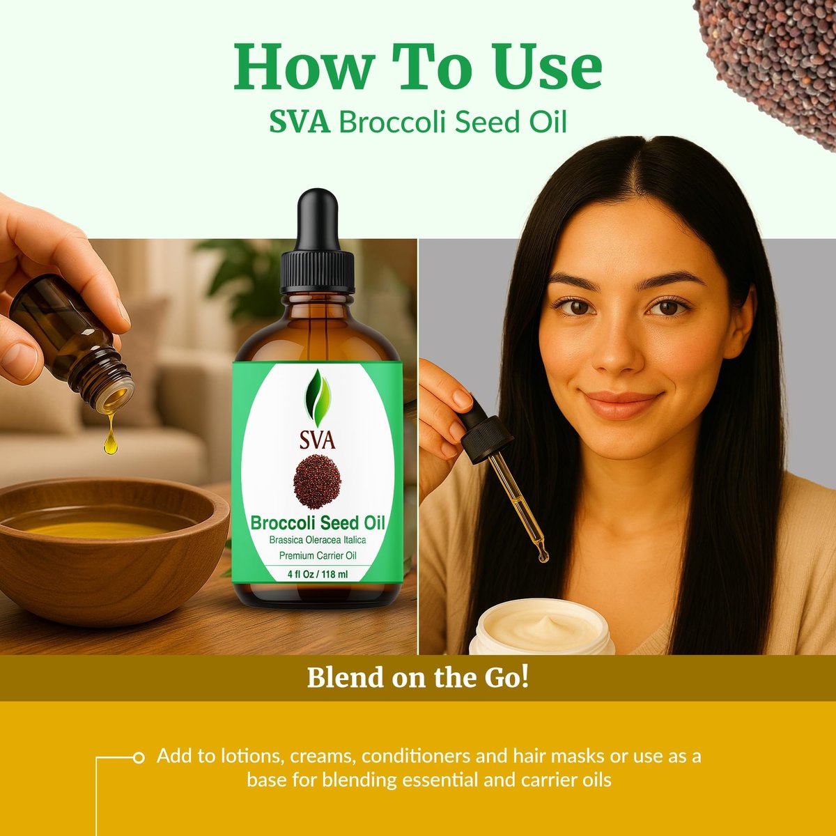 SVA Brokkolisamenöl – 100% natürliches, kaltgepresstes Brokkoliöl für Gesicht, Hautpflege, Haarpflege, Kopfhautmassage & Körpermassage – Trägeröl mit Pipette, 118 ml
