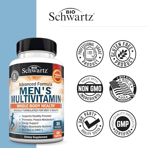 BioSchwartz Männliches Multivitamin für Männer unter 50 – Tägliche Unterstützung für Energie, Herz, Immunsystem und geistige Klarheit – mit Vitamin C, A, B, D3, E, Zink, Antioxidantien und Verdauungsenzymen – 60 Kapseln