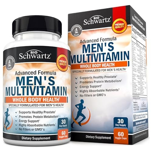 BioSchwartz Männliches Multivitamin für Männer unter 50 – Tägliche Unterstützung für Energie, Herz, Immunsystem und geistige Klarheit – mit Vitamin C, A, B, D3, E, Zink, Antioxidantien und Verdauungsenzymen – 60 Kapseln