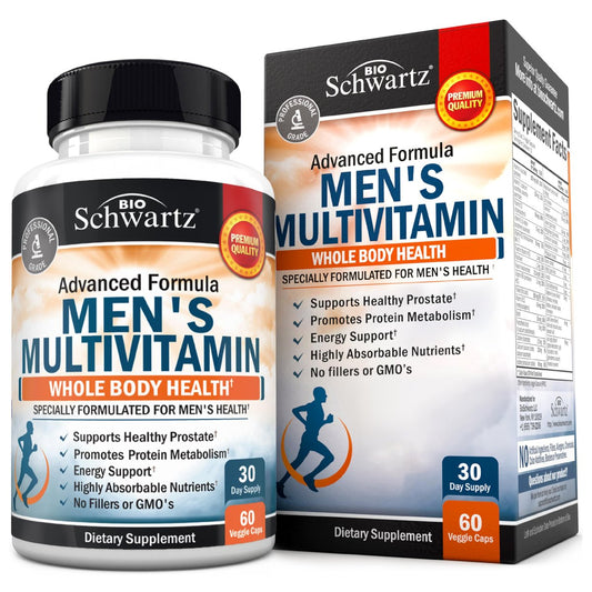 BioSchwartz Männliches Multivitamin für Männer unter 50 – Tägliche Unterstützung für Energie, Herz, Immunsystem und geistige Klarheit – mit Vitamin C, A, B, D3, E, Zink, Antioxidantien und Verdauungsenzymen – 60 Kapseln