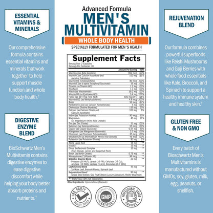 BioSchwartz Männliches Multivitamin für Männer unter 50 – Tägliche Unterstützung für Energie, Herz, Immunsystem und geistige Klarheit – mit Vitamin C, A, B, D3, E, Zink, Antioxidantien und Verdauungsenzymen – 60 Kapseln
