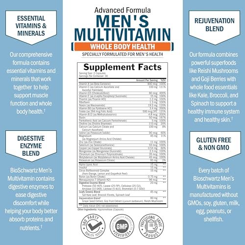 BioSchwartz Männliches Multivitamin für Männer unter 50 – Tägliche Unterstützung für Energie, Herz, Immunsystem und geistige Klarheit – mit Vitamin C, A, B, D3, E, Zink, Antioxidantien und Verdauungsenzymen – 60 Kapseln