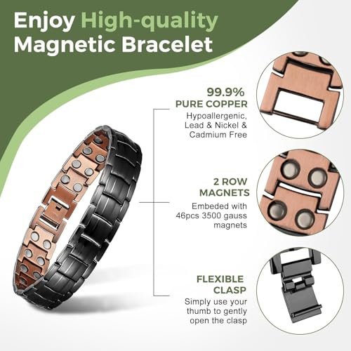 MagEnergy Herren Kupfer Magnet Armband – 99,9% reines Kupfer mit doppelreihigen starken Magneten, verstellbar mit Größeneinsteller