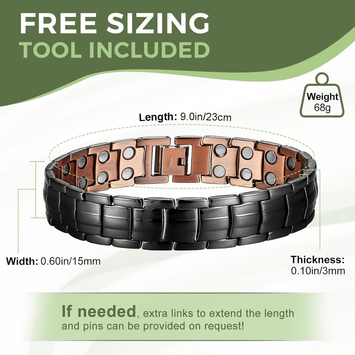 MagEnergy Herren Kupfer Magnet Armband – 99,9% reines Kupfer mit doppelreihigen starken Magneten, verstellbar mit Größeneinsteller