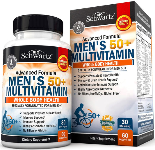 Tägliches Multivitamin für Männer ab 50 – Unterstützung für Herzgesundheit – mit Zink, Vitamin A, B, C, D3, E – für Gedächtnis und Gehirngesundheit – Ganzkörpergesundheit – 60 Kapseln