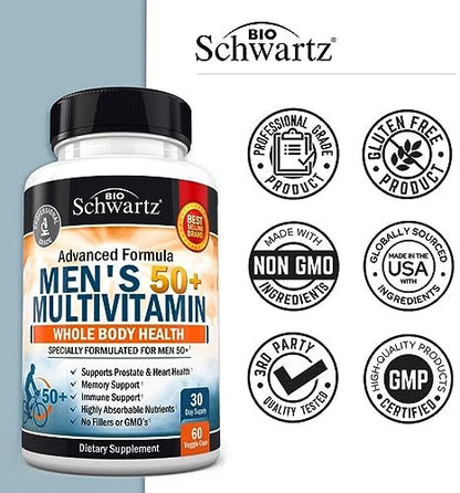 Tägliches Multivitamin für Männer ab 50 – Unterstützung für Herzgesundheit – mit Zink, Vitamin A, B, C, D3, E – für Gedächtnis und Gehirngesundheit – Ganzkörpergesundheit – 60 Kapseln