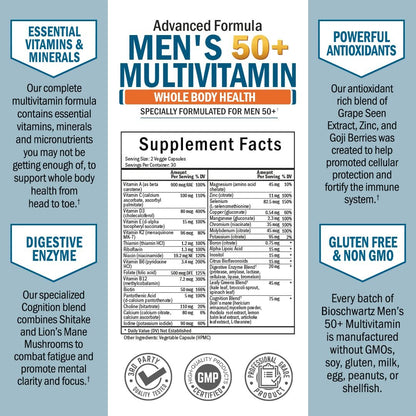 Tägliches Multivitamin für Männer ab 50 – Unterstützung für Herzgesundheit – mit Zink, Vitamin A, B, C, D3, E – für Gedächtnis und Gehirngesundheit – Ganzkörpergesundheit – 60 Kapseln