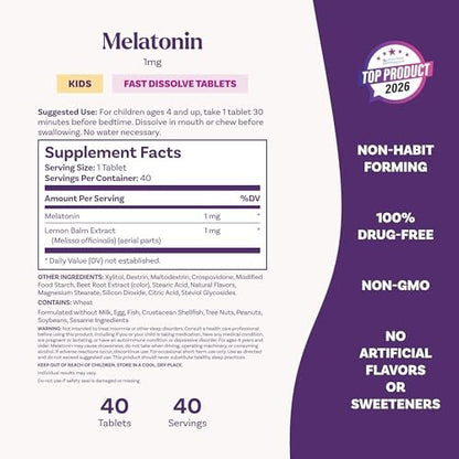 Natrol Kids Fast Dissolve Melatonin 1 mg – Erdbeer-Geschmack, 30 Tabletten, Nahrungsergänzungsmittel für erholsamen Schlaf bei Kindern