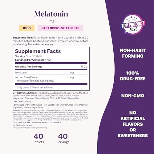 Natrol Kids Fast Dissolve Melatonin 1 mg – Erdbeer-Geschmack, 30 Tabletten, Nahrungsergänzungsmittel für erholsamen Schlaf bei Kindern