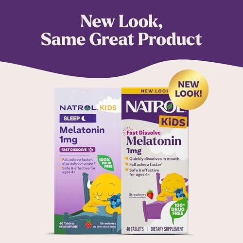 Natrol Kids Fast Dissolve Melatonin 1 mg – Erdbeer-Geschmack, 40 Tabletten für erholsamen Schlaf