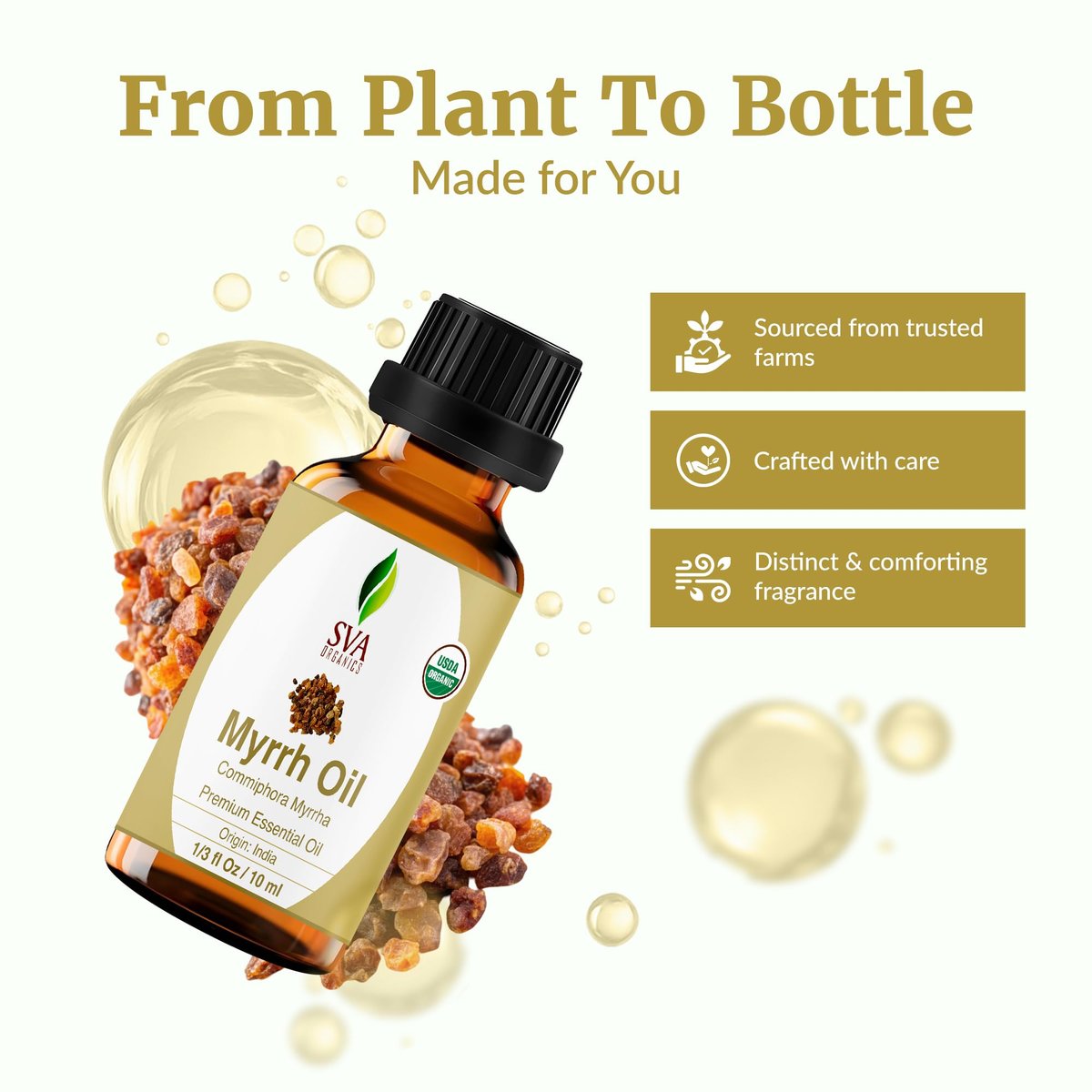 SVA Myrrhe Bio Ätherisches Öl – 10 ml – 100 % Naturreines Myrrheöl für Diffuser, Haarpflege, Gesicht, Hautpflege, Aromatherapie, Kopfhaut und Körpermassage, Seifen- und Kerzenherstellung