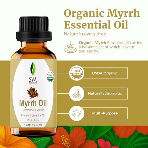 SVA Myrrhe Bio Ätherisches Öl – 10 ml – 100 % Naturreines Myrrheöl für Diffuser, Haarpflege, Gesicht, Hautpflege, Aromatherapie, Kopfhaut und Körpermassage, Seifen- und Kerzenherstellung