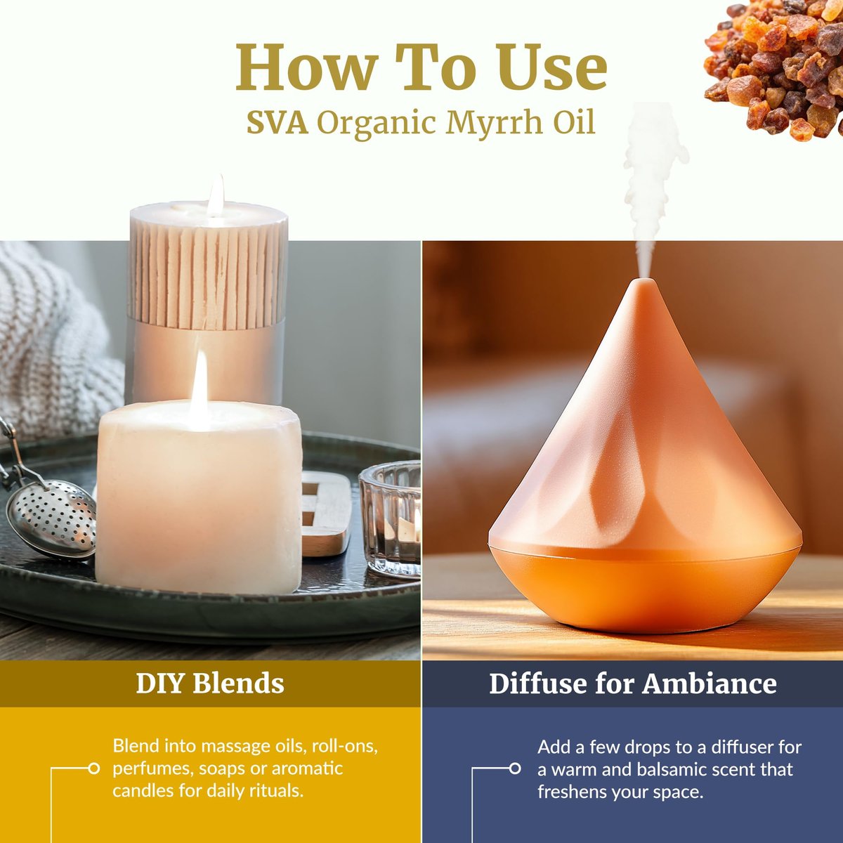 SVA Myrrhe Bio Ätherisches Öl – 10 ml – 100 % Naturreines Myrrheöl für Diffuser, Haarpflege, Gesicht, Hautpflege, Aromatherapie, Kopfhaut und Körpermassage, Seifen- und Kerzenherstellung