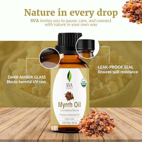 SVA Myrrhe Bio Ätherisches Öl – 10 ml – 100 % Naturreines Myrrheöl für Diffuser, Haarpflege, Gesicht, Hautpflege, Aromatherapie, Kopfhaut und Körpermassage, Seifen- und Kerzenherstellung