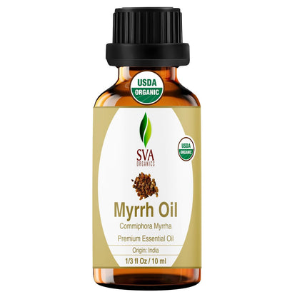 SVA Myrrhe Bio Ätherisches Öl – 10 ml – 100 % Naturreines Myrrheöl für Diffuser, Haarpflege, Gesicht, Hautpflege, Aromatherapie, Kopfhaut und Körpermassage, Seifen- und Kerzenherstellung