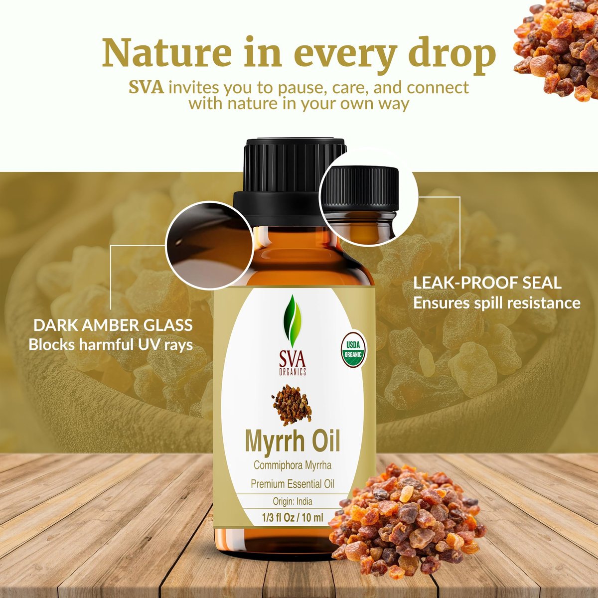 SVA Myrrhe Bio Ätherisches Öl – 10 ml – 100 % Naturreines Myrrheöl für Diffuser, Haarpflege, Gesicht, Hautpflege, Aromatherapie, Kopfhaut und Körpermassage, Seifen- und Kerzenherstellung