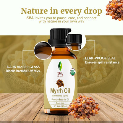 SVA Myrrhe Bio Ätherisches Öl – 10 ml – 100 % Naturreines Myrrheöl für Diffuser, Haarpflege, Gesicht, Hautpflege, Aromatherapie, Kopfhaut und Körpermassage, Seifen- und Kerzenherstellung