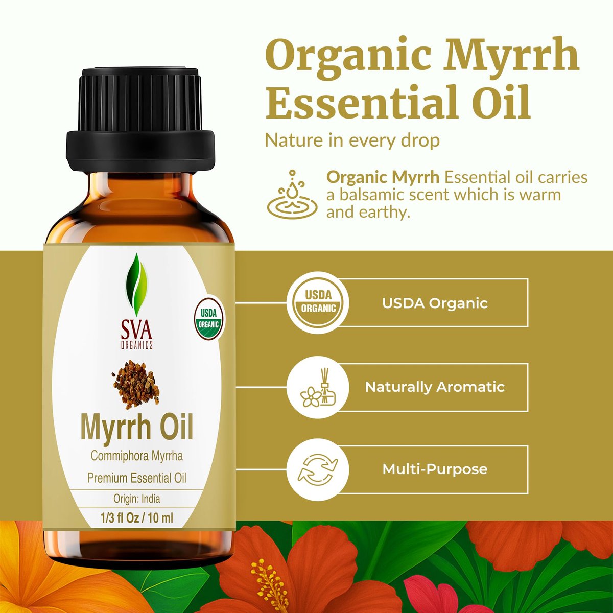 SVA Myrrhe Bio Ätherisches Öl – 10 ml – 100 % Naturreines Myrrheöl für Diffuser, Haarpflege, Gesicht, Hautpflege, Aromatherapie, Kopfhaut und Körpermassage, Seifen- und Kerzenherstellung