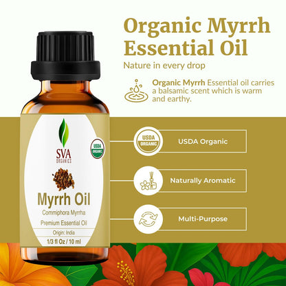 SVA Myrrhe Bio Ätherisches Öl – 10 ml – 100 % Naturreines Myrrheöl für Diffuser, Haarpflege, Gesicht, Hautpflege, Aromatherapie, Kopfhaut und Körpermassage, Seifen- und Kerzenherstellung