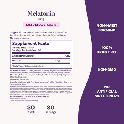 Natrol Melatonin 5 mg schnell lösliche Tabletten – Erdbeergeschmack, 30 Stück – Schlafunterstützung für Erwachsene