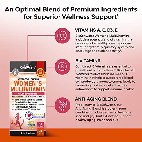 Multivitamin für Frauen mit Vitamin D3 - Multivitamine für Knochen, Brust, Haut, Gelenke, Energie - Vitamine zur Unterstützung des Immunsystems - Natürliche Immunabwehr - Gelenkunterstützung - 60 Kapseln