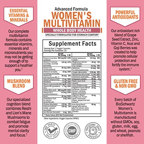 Multivitamin für Frauen mit Vitamin D3 - Multivitamine für Knochen, Brust, Haut, Gelenke, Energie - Vitamine zur Unterstützung des Immunsystems - Natürliche Immunabwehr - Gelenkunterstützung - 60 Kapseln