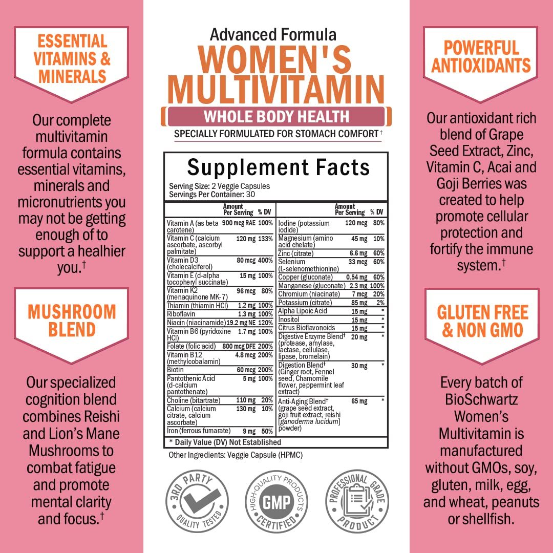 Multivitamin für Frauen mit Vitamin D3 - Multivitamine für Knochen, Brust, Haut, Gelenke, Energie - Vitamine zur Unterstützung des Immunsystems - Natürliche Immunabwehr - Gelenkunterstützung - 60 Kapseln