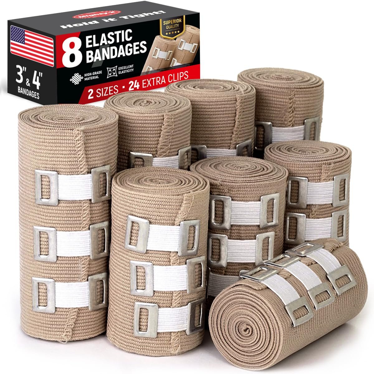 Premium Elasticche Bandage Wicklung – 8er-Pack (4x3”, 4x4”) + 24 Extra Clips – Starke Kompressionsbandage - Handgelenk, Knöchel, Fuß, Knie