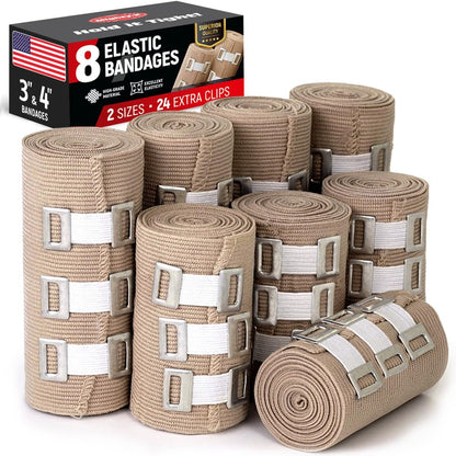 Premium Elasticche Bandage Wicklung – 8er-Pack (4x3”, 4x4”) + 24 Extra Clips – Starke Kompressionsbandage - Handgelenk, Knöchel, Fuß, Knie