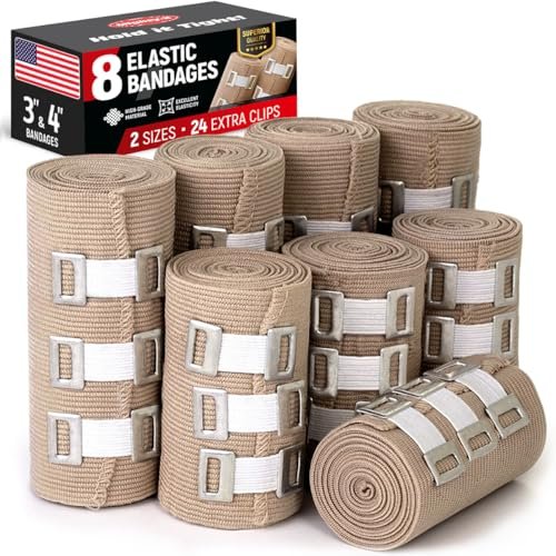 Premium Elasticche Bandage Wicklung – 8er-Pack (4x3”, 4x4”) + 24 Extra Clips – Starke Kompressionsbandage - Handgelenk, Knöchel, Fuß, Knie