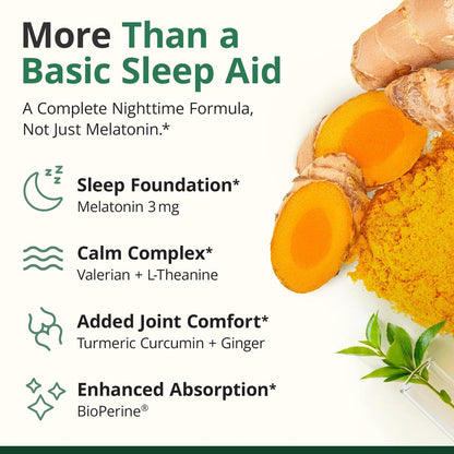 Melatonin 3mg + Baldrianwurzel für Schlaf, tägliche Ruhe & Stressabbau – Natürliches Schlafmittel: Bio Curcumin Melatonin Baldrian mit L-Theanin, Ingwer & schwarzem Pfeffer – 60 Kapseln