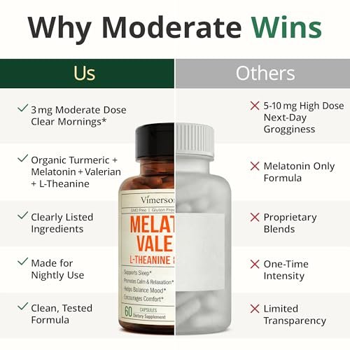Melatonin 3mg + Baldrianwurzel für Schlaf, tägliche Ruhe & Stressabbau – Natürliches Schlafmittel: Bio Curcumin Melatonin Baldrian mit L-Theanin, Ingwer & schwarzem Pfeffer – 60 Kapseln