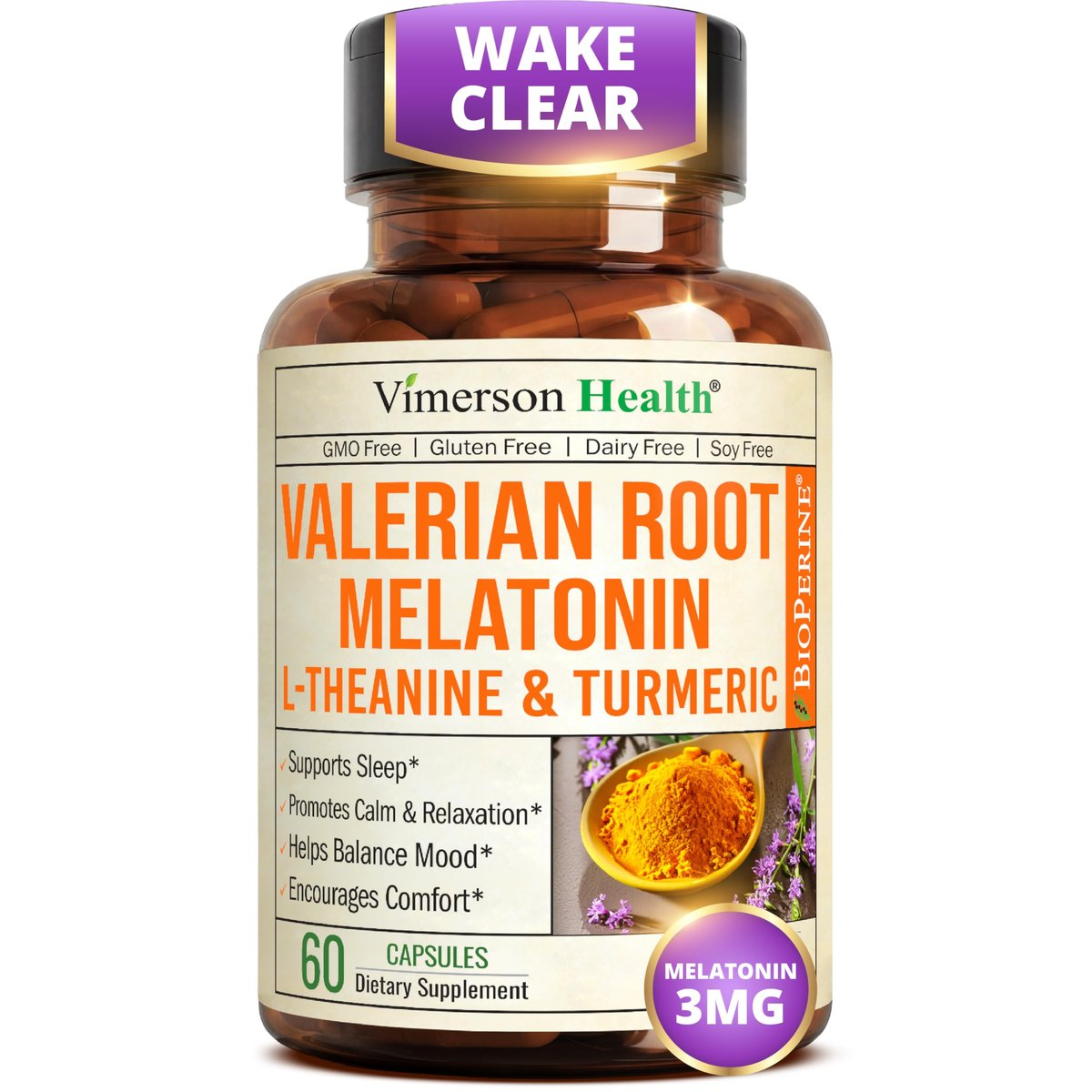 Melatonin 3mg + Baldrianwurzel für Schlaf, tägliche Ruhe & Stressabbau – Natürliches Schlafmittel: Bio Curcumin Melatonin Baldrian mit L-Theanin, Ingwer & schwarzem Pfeffer – 60 Kapseln
