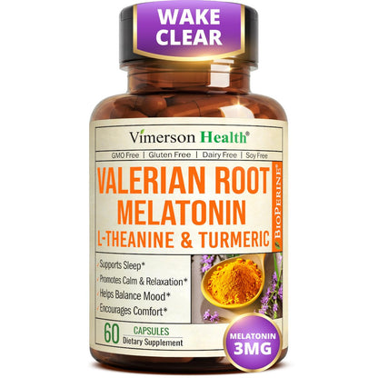 Melatonin 3mg + Baldrianwurzel für Schlaf, tägliche Ruhe & Stressabbau – Natürliches Schlafmittel: Bio Curcumin Melatonin Baldrian mit L-Theanin, Ingwer & schwarzem Pfeffer – 60 Kapseln