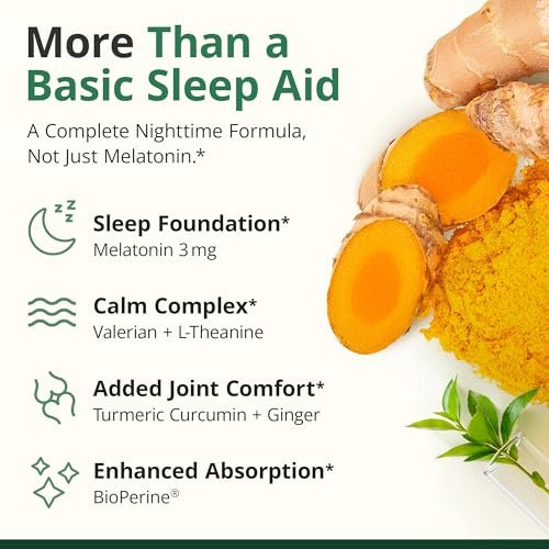 Melatonin 3mg + Baldrianwurzel für Schlaf, tägliche Ruhe & Stressabbau – Natürliches Schlafmittel: Bio Curcumin Melatonin Baldrian mit L-Theanin, Ingwer & schwarzem Pfeffer – 60 Kapseln