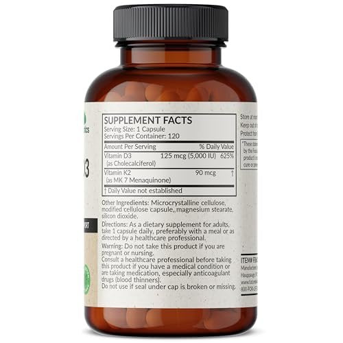 Futurebiotics Vitamin K2 (MK7) mit D3 Supplement - Nicht-GMO Formel - 5000 IE Vitamin D3 & 90 mcg Vitamin K2 MK-7, 120 vegane Kapseln