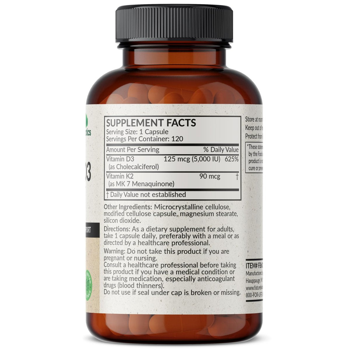 Futurebiotics Vitamin K2 (MK7) mit D3 Supplement - Nicht-GMO Formel - 5000 IE Vitamin D3 & 90 mcg Vitamin K2 MK-7, 120 vegane Kapseln